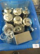 BOX VARIOUS STAINLESS STEEEL WARE INCLUDING TEAPOTS, TOAST RACKS ETC