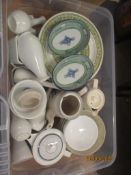 BOX QTY OF VARIOUS HOUSEHOLD CERAMICS INCLUDING A QTY OF RIDGEWAY MOZAIC PLATES