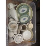 BOX QTY OF VARIOUS HOUSEHOLD CERAMICS INCLUDING A QTY OF RIDGEWAY MOZAIC PLATES