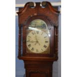 Early 19th century oak longcase clock, swan neck pediment over a painted arched dial by Robert