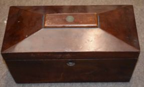 Mahogany sarcophagus shaped caddy box (void interior), 27.5cm wide