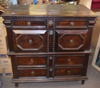 Jacobean style oak chest of four full width graduated geometrically moulded drawers and plain