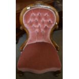 Victorian walnut ladies chair upholstered in pink button back