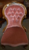 Victorian walnut ladies chair upholstered in pink button back