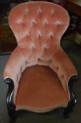 Victorian mahogany gents armchair upholstered in pink button back |Est £50 - £60