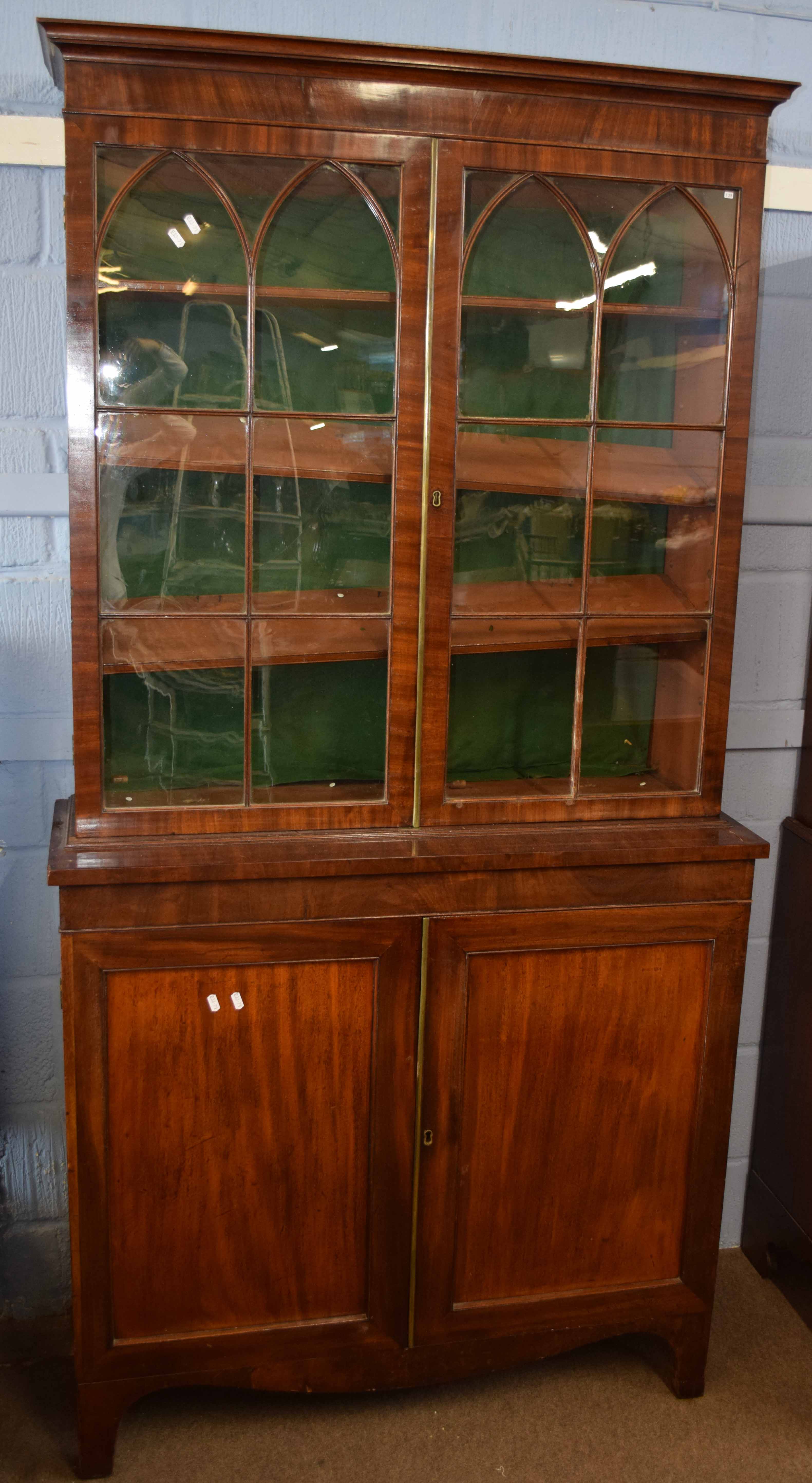 19th century mahogany side cabinet, glazed top enclosing fitted adjustable shelving, the base with