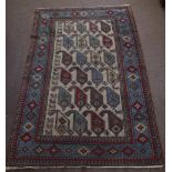 Kelim type carpet, triple gull border, central panel of geometric designs, beige, red and pale