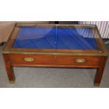 Reproduction mahogany and brass bound bijouterie table, glass top and plush lined interior 1.02m