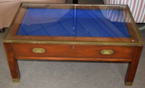 Reproduction mahogany and brass bound bijouterie table, glass top and plush lined interior 1.02m