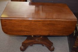 Mahogany drop flap pedestal table of rectangular form with quadruped base 1.04m wide