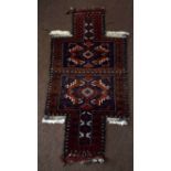 Unusual cruciform shaped prayer rug with central geometric panels mainly blue and red field 114 x