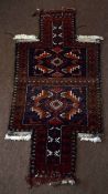 Unusual cruciform shaped prayer rug with central geometric panels mainly blue and red field 114 x