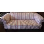 Victorian striped upholstered Chesterfield sofa raised on short fluted legs with castors 1.9m wide