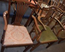 Oak Hepplewhite style carver chair with green upholstered seat and a further Chippendale mahogany