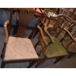 Oak Hepplewhite style carver chair with green upholstered seat and a further Chippendale mahogany