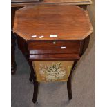 Late 19th century mahogany sewing table of octagonal form, fitted drawer over bag on swept