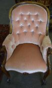 Victorian mahogany gents armchair upholstered in pale puce button back