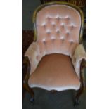 Victorian mahogany gents armchair upholstered in pale puce button back