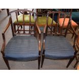 Pair of 19th century mahogany carver chairs with blue upholstered seats