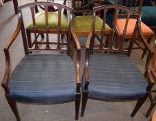 Pair of 19th century mahogany carver chairs with blue upholstered seats