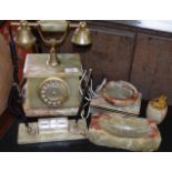 Late 20th century green onyx desk set comprising candlestick, telephone, ashtray, cigarette box,