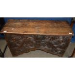 18th century and later carved oak coffer raised on trestle type supports 1.02m wide