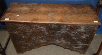 18th century and later carved oak coffer raised on trestle type supports 1.02m wide