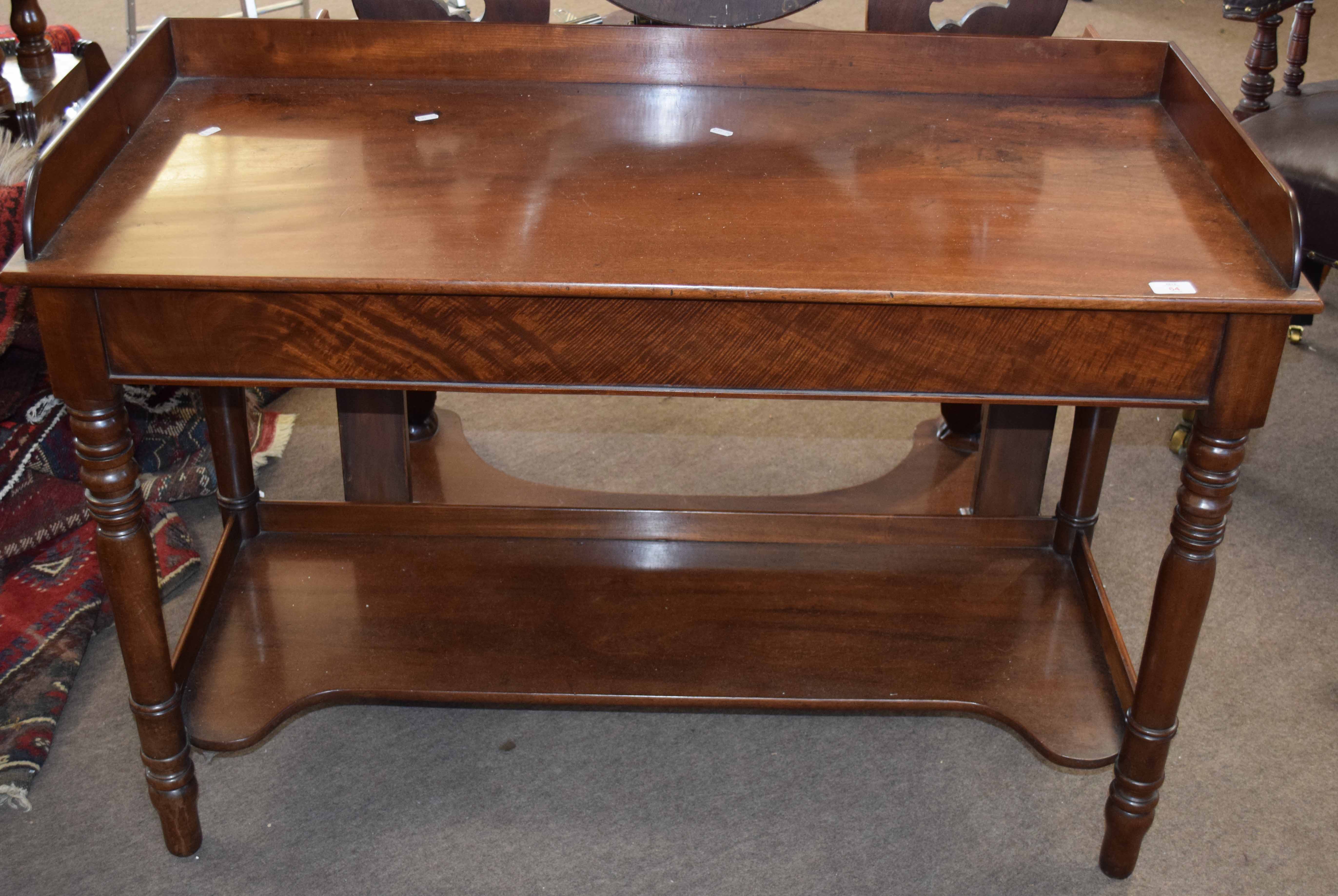 19th century mahogany wash stand with tray top and plain shelf below on ring turned supports 1.18m