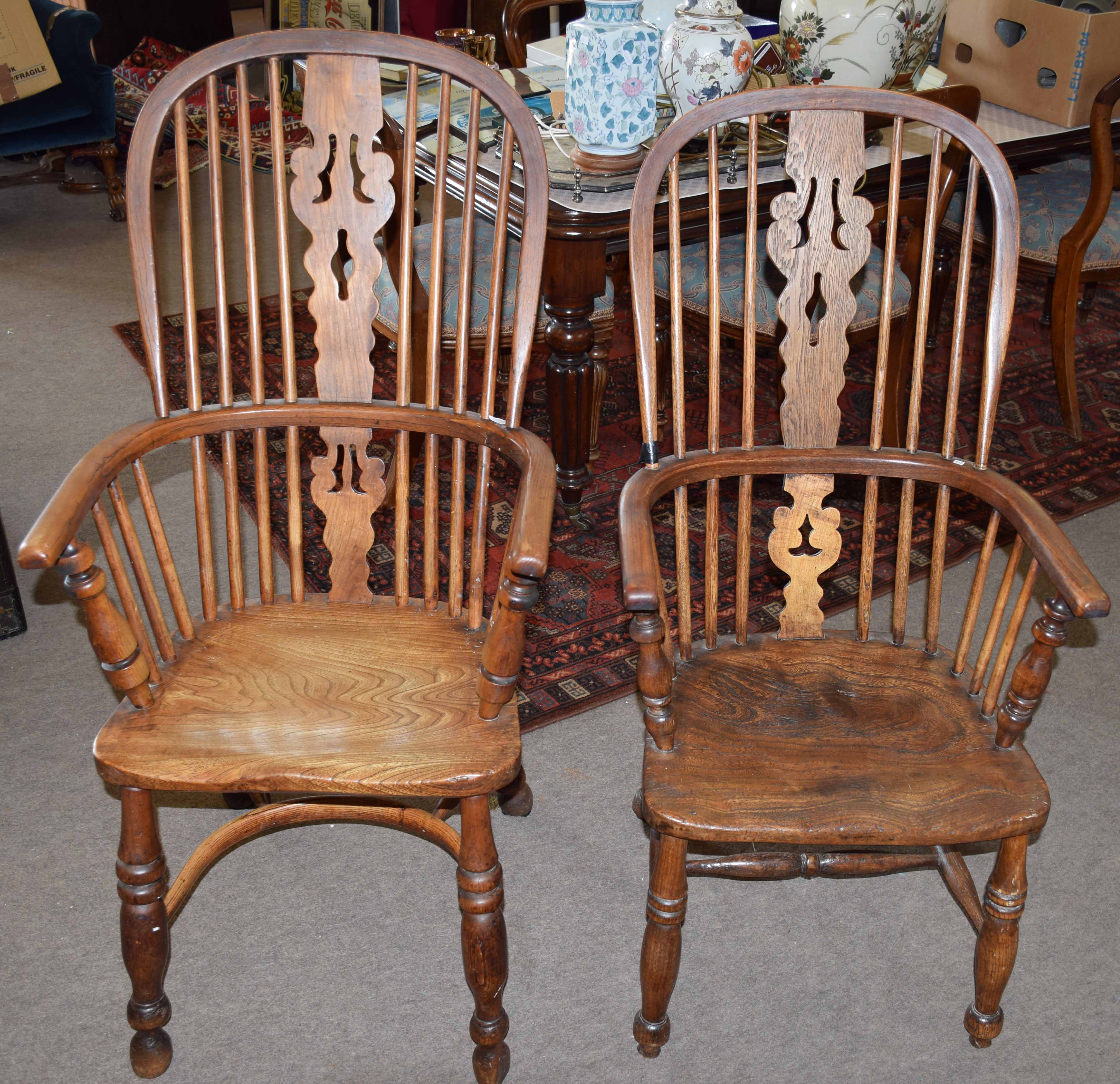 Near pair of oak Windsor style stick back solid seat armchairs |Est £70 - £90