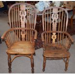 Near pair of oak Windsor style stick back solid seat armchairs |Est £70 - £90