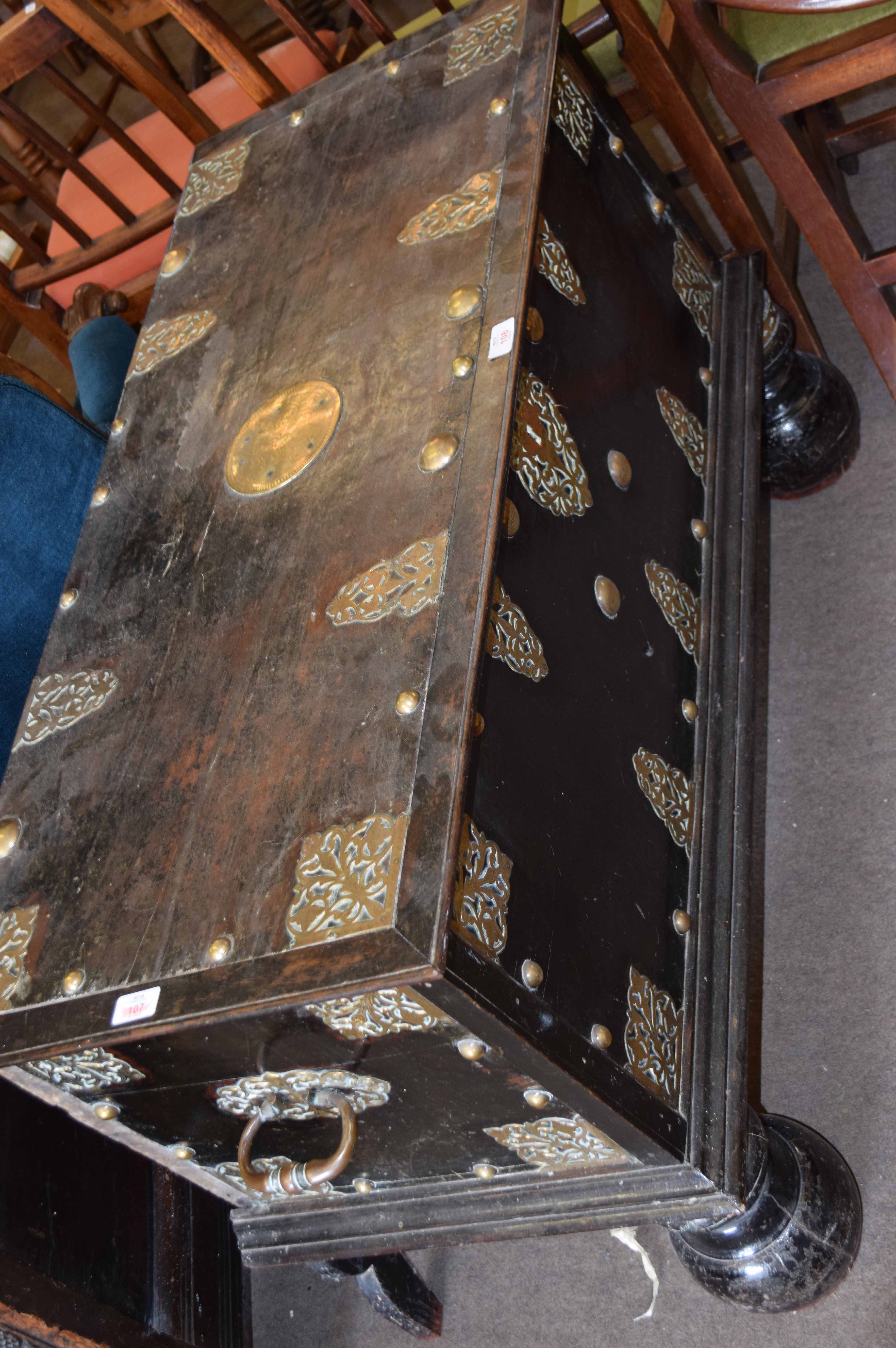 18th century Ceylonese hardwood storage chest with decorative pierced and etched brass mounts with