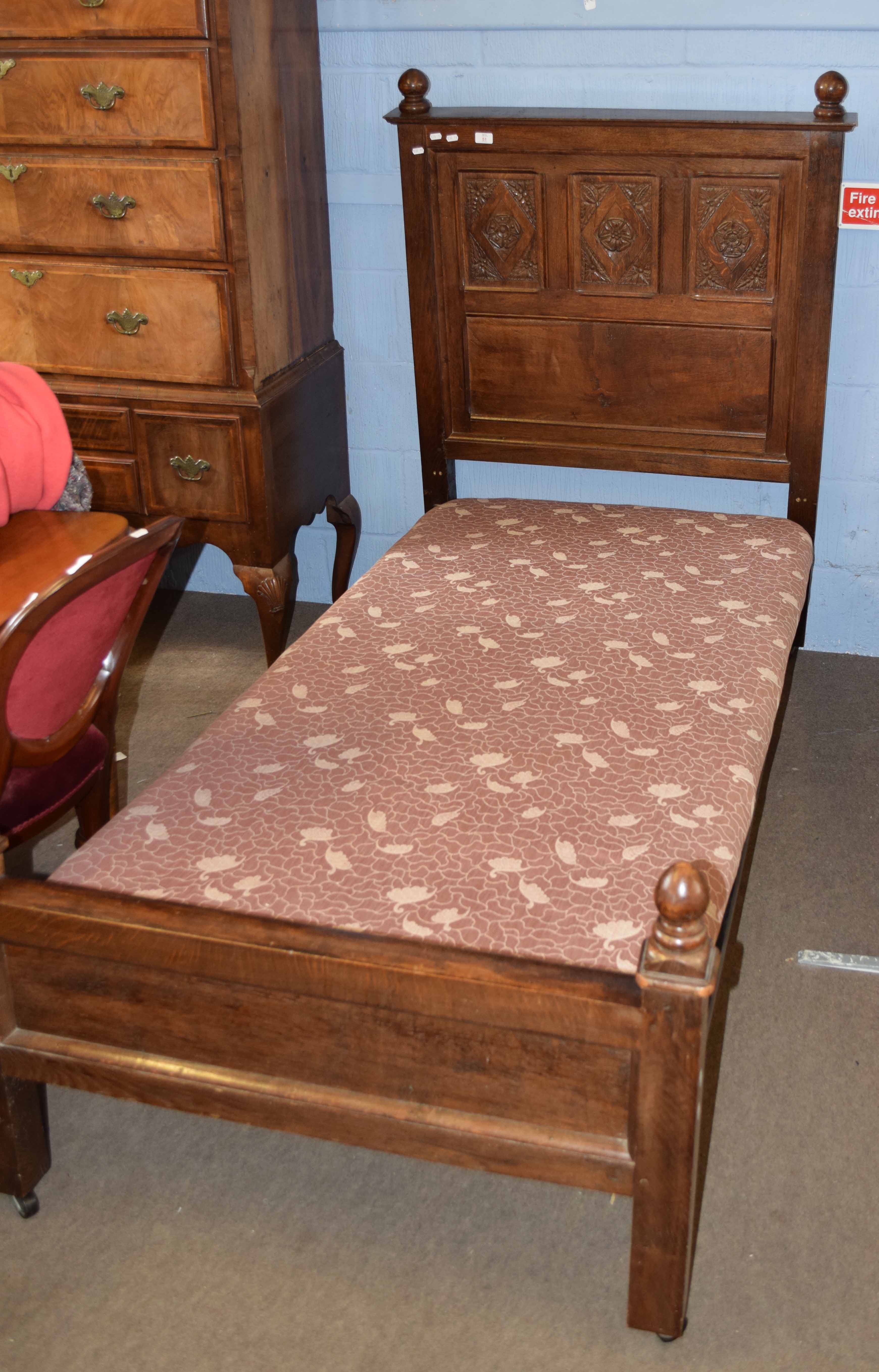 Pair of oak single bedsteads, three panel backs carved with Tudor rose designs (constructed from - Image 2 of 2