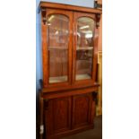 Victorian mahogany side cabinet, glazed top over panel doors enclosing cupboard on a plinth base
