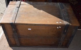 Heavy oak and cast metal framed security chest with void plush lined interior 106cm wide