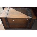 Heavy oak and cast metal framed security chest with void plush lined interior 106cm wide