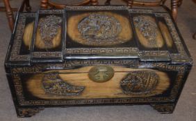 Late 20th century camphor wood carved chest 90cm wide