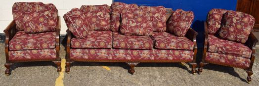 Early 20th century mahogany bergère suite comprising three seater sofa, two easy chairs double caned