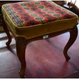 19th century walnut stool with wool embroidered seat on cabriole supports 47cm wide