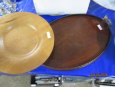 TWO WOODEN TRAYS, ONE WITH BRASS HANDLES
