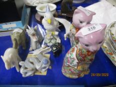 GROUP OF TWO CHINESE POTTERY CATS AND OTHER POTTERY ANIMALS