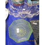 GREEN GLASS TAZZA ON PLATED STAND AND FURTHER GLASS ITEMS INCLUDING FRUIT BOWL AND GLASS MODEL OF