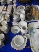 GROUP OF PORCELAIN POTTERY ITEMS INCLUDING CANDLESTICKS, FRENCH POTTERY BOWL AND PORTMEIRION VASE
