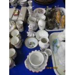 GROUP OF PORCELAIN POTTERY ITEMS INCLUDING CANDLESTICKS, FRENCH POTTERY BOWL AND PORTMEIRION VASE