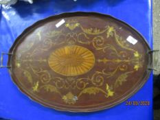 MARQUETRY AND BRASS HANDLED SERVING TRAY