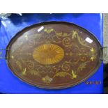 MARQUETRY AND BRASS HANDLED SERVING TRAY