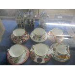 SET OF SIX ROYAL WORCESTER MINIATURE CUPS AND SAUCERS WITH THE FAN DESIGN, PINK SCALE, IMARI BOWL