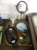 TRAY CONTAINING AFRICAN STYLE CARVED MASK, PAIR OF CANDLESTICKS AND INKWELL WITH PLATED COVER