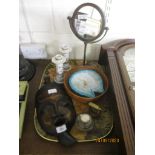 TRAY CONTAINING AFRICAN STYLE CARVED MASK, PAIR OF CANDLESTICKS AND INKWELL WITH PLATED COVER