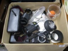 BOX CONTAINING VARIOUS CAMERA EQUIPMENT AND LENS INCLUDING SUPER PARAGON AUTO ZOOM LENS AND A TAMLON