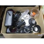 BOX CONTAINING VARIOUS CAMERA EQUIPMENT AND LENS INCLUDING SUPER PARAGON AUTO ZOOM LENS AND A TAMLON